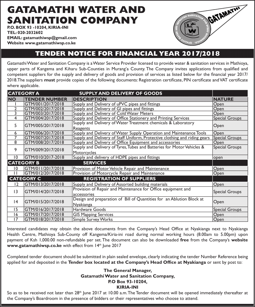 TENDER NOTICE FOR FINANCIAL YEAR 2017-2018-1
